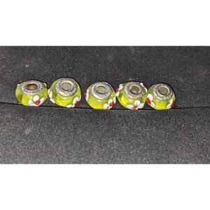 5 NEW PANDORA TRANSLUCENT GREEN W/RED & WHITE FLOWERS MURANO GLASS BEADS- BEAUTI